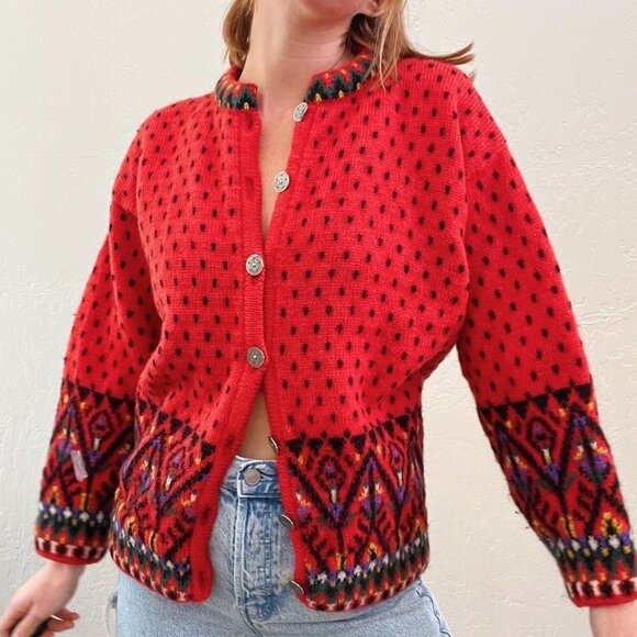 Vintage 1980s/90s Red Chunky Knit Fair Isle Cardigan Sweater - Picture 3 of 6